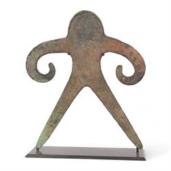 Indian copper anthropomorphic figure, of flat stylised form, with long scrolling arms, out...