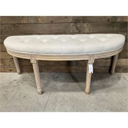 Washed oak demi-lune window seat, upholstered in buttoned linen fabric