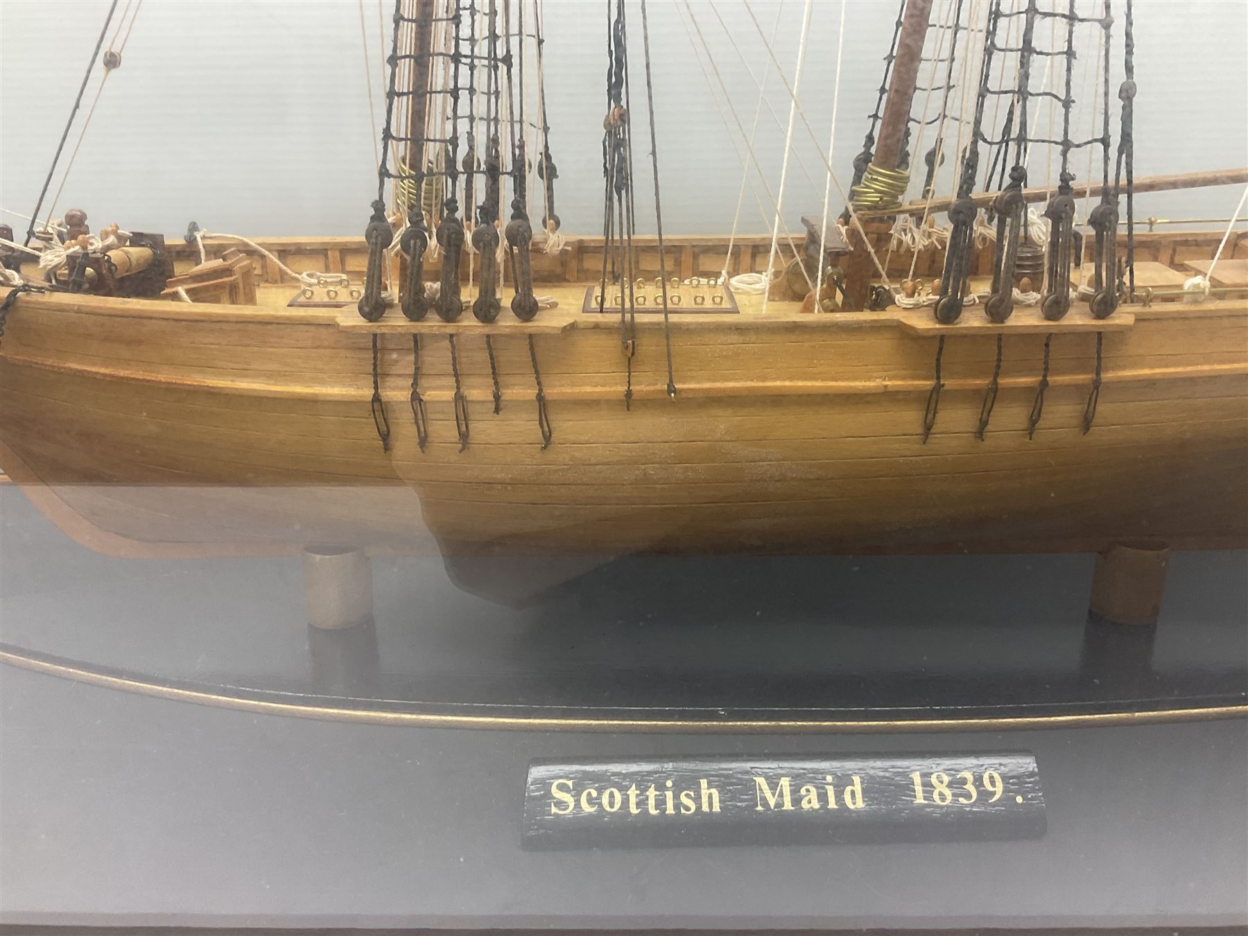 Cased scale built wooden model schooner 