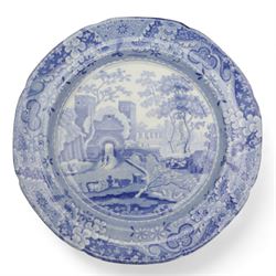 Early 19th century blue and white transfer printed plates including J & R Clews 'Wingfield Castle Suffolk', Copeland & Garrett New Blanche, Brameld 'Apple Collectors, 'Queen of Sheba', Spode 'Sarcophagi & Sepulchres', 'Ponte Rotto' and others (15)