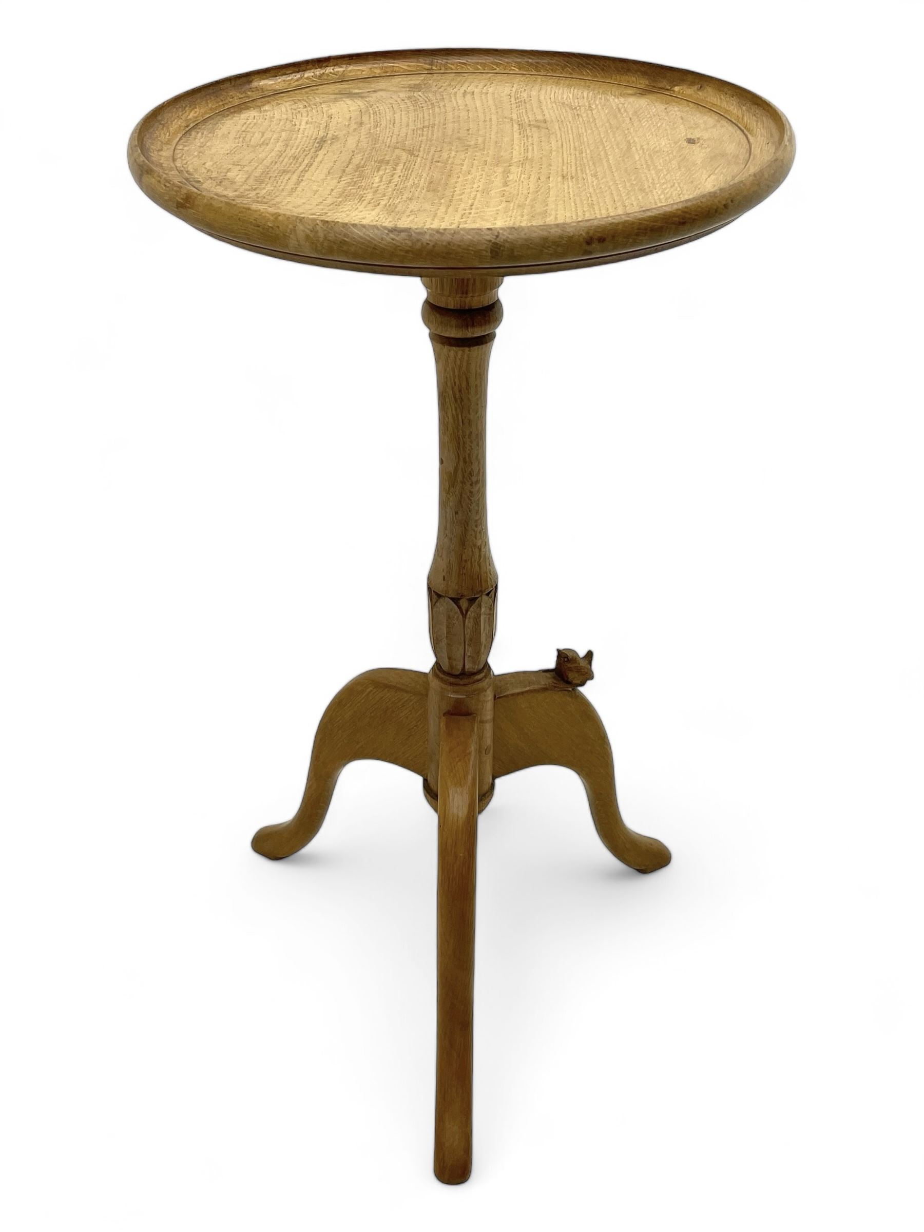 Wrenman - oak tripod wine table, circular moulded top on turned stem carved with leaves, on three shaped splayed supports, carved with wren signature, by Robert 'Bob' Hunter, Thirlby, Thirsk