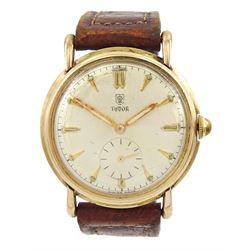 Tudor gentleman's 9ct gold wristwatch, silvered dial with subsidiary seconds dial, back case with engraved initials 'KH', on brown leather strap