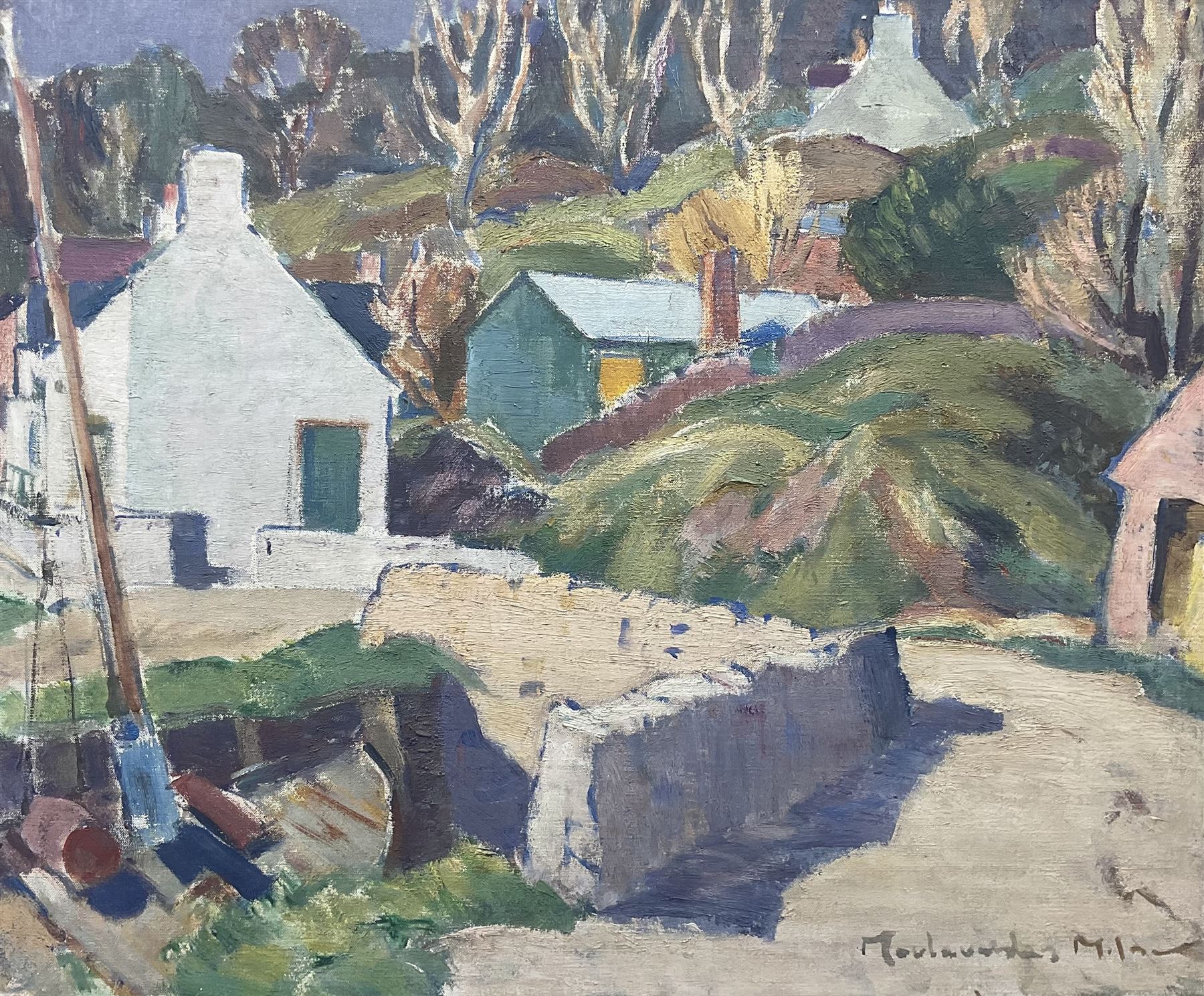 John Maclauchlan Milne RSA (Scottish 1885-1957): 'Cowan's Corner - Corrie' Isle of Arran, oil on canvas signed, titled on the stretcher verso 50cm x 60cm