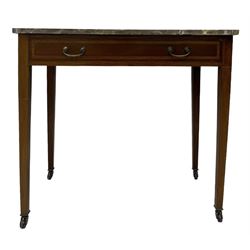 Edwardian inlaid mahogany wash stand or side table, variegated rouge marble top, fitted with single drawer with satinwood band, on square tapering supports with brass and ceramic castors  