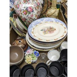 Ceramics including Royal Dolton Bunnykins plate, Portmerion Phoenix pattern mugs, other part tea sets etc, books and other miscellaneous items, in three boxes 