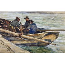 Robert Jobling (Staithes Group 1841-1923): Preparing the Coble at Runswick Bay, watercolour and gouache signed 32cm x 50cm