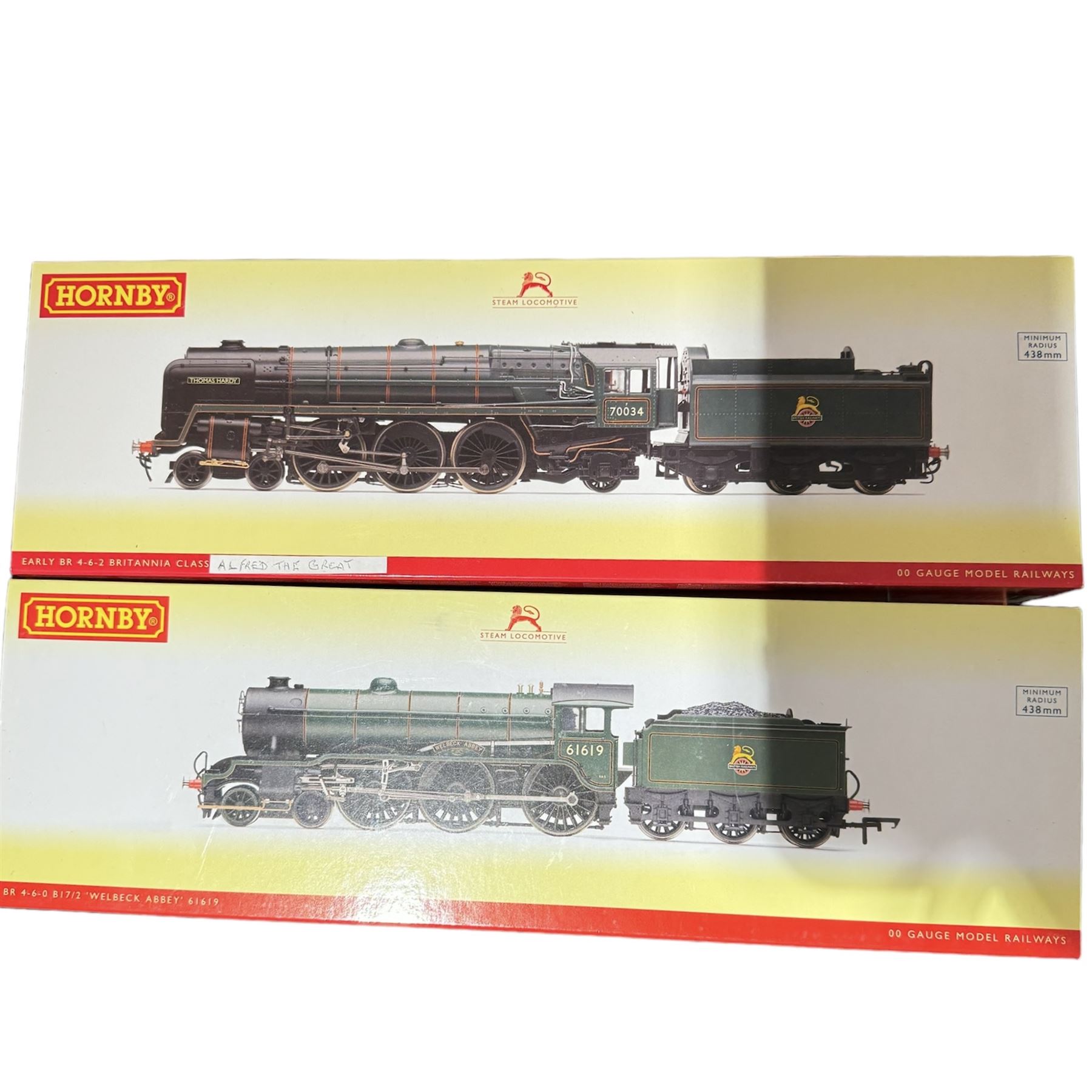 Two Hornby '00' gauge locomotives, comprising R3444 Early BR Britannia Class 4-6-2 locomotive re-worked as Alfred the Great no. 70009 and R3448 BR Class B17 4-6-0 locomotive re-worked as Clumber no. 61620, both boxed