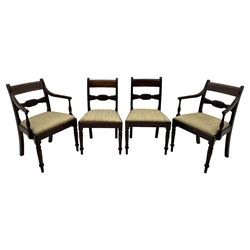 Georgian design set of six (6+2) mahogany dining chairs, the bar cresting rail inlaid with figured mahogany panel, shaped twist lobe carved middle rail with extending stylised leaf decoration, upholstered drop-in seat, on turned front supports 