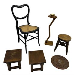 Victorian mother-of-pearl inlaid side chair; pair of miniature oak square stools; round stool; display stand with zigzag support column and brass dish; and a carved inlaid hardwood table top (6)