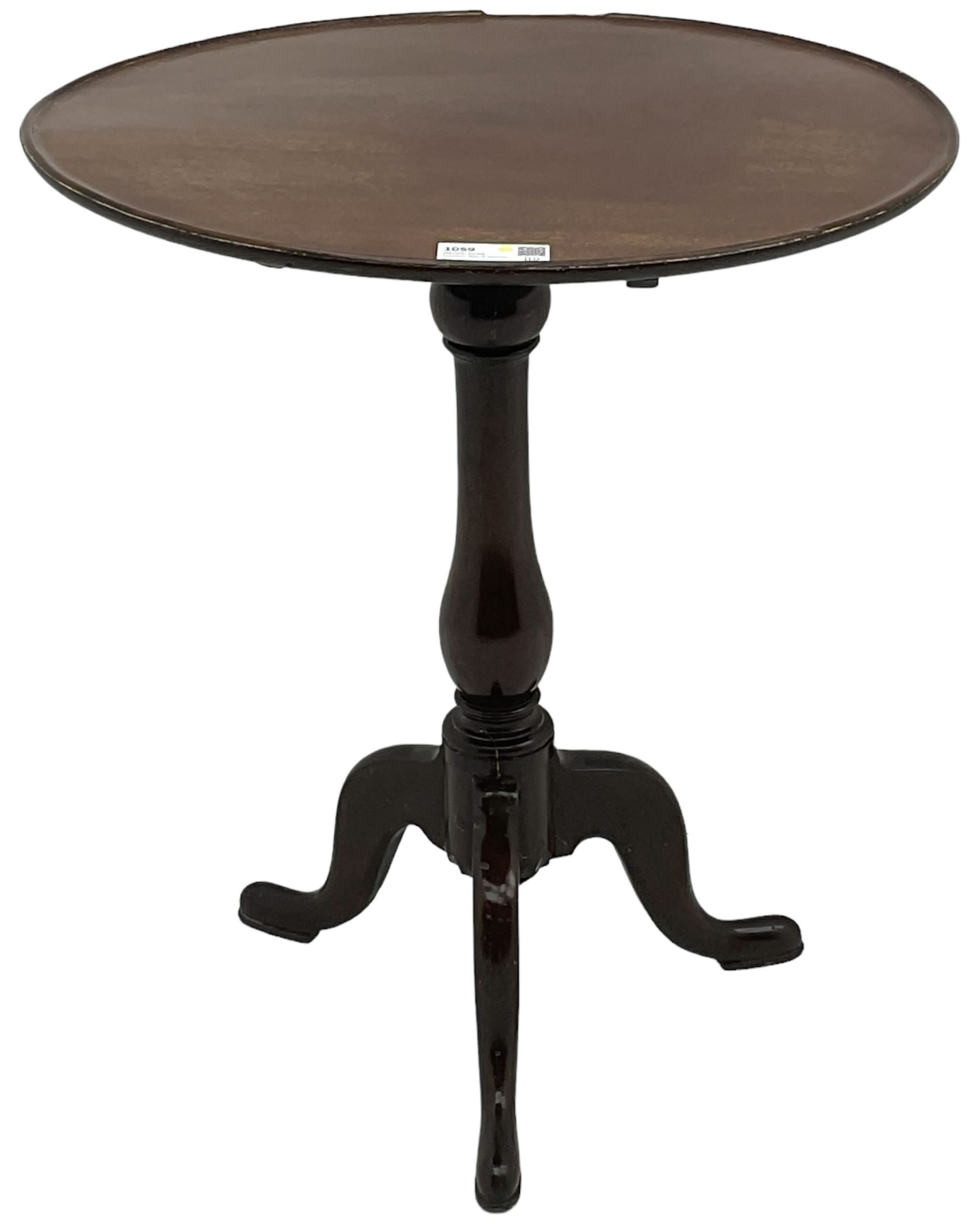 19th century mahogany tripod table, circular dished top on vasiform pedestal, three out-splayed supports 