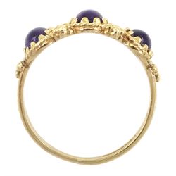 9ct gold three stone cabochon amethyst ring, hallmarked