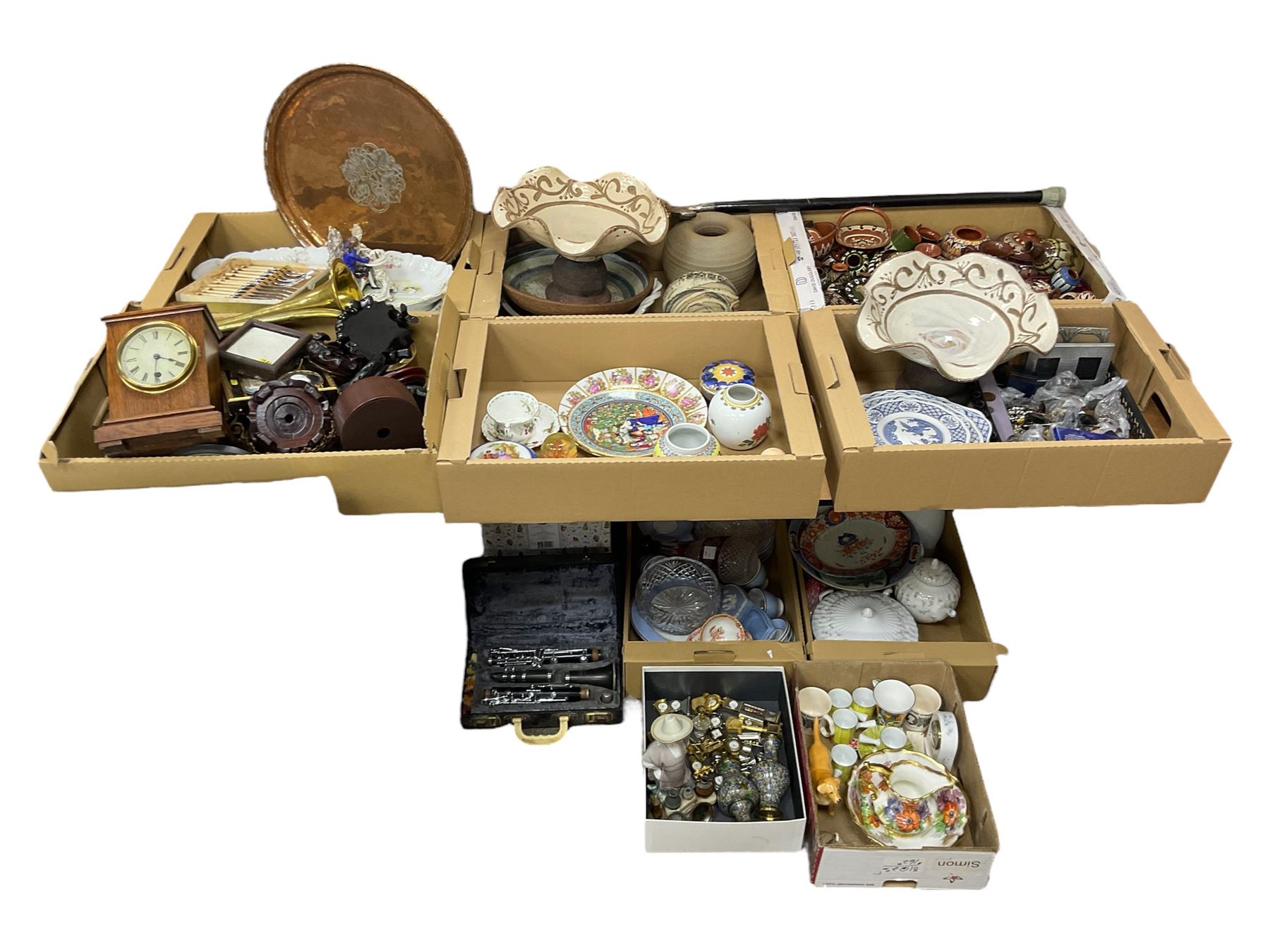 Large collection of small items, including Lladro figure, clocks, slipware pottery, studio pottery, Chinese ceramics, Wedgwood Jasoerware, clarinet, etc, in ten boxes