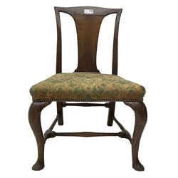 Mid-18th century mahogany side chair, shaped cresting rail over tapered back splat, seat upholstered in green and camel foliate patterned fabric with stud work border, raised on cabriole supports united by swell-turned stretchers