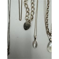 Collection of silver jewellery, including charm bracelet, stone set rings, money clips, chains, rings etc 