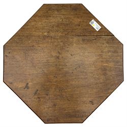 19th century walnut tripod table, square canted tilt-top with chamfered edge, turned pedestal with three splayed supports