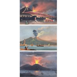 Neapolitan School (Mid 19th century): 'Vesuvius Erupting 9th Febuary 1850' seen from the Riviera di Chiaia Beach Tower over the Bay of Naples, set of three gouaches night and day with American Paddle steamer in the foreground, unsigned titled and dated 16cm x 23cm (3)