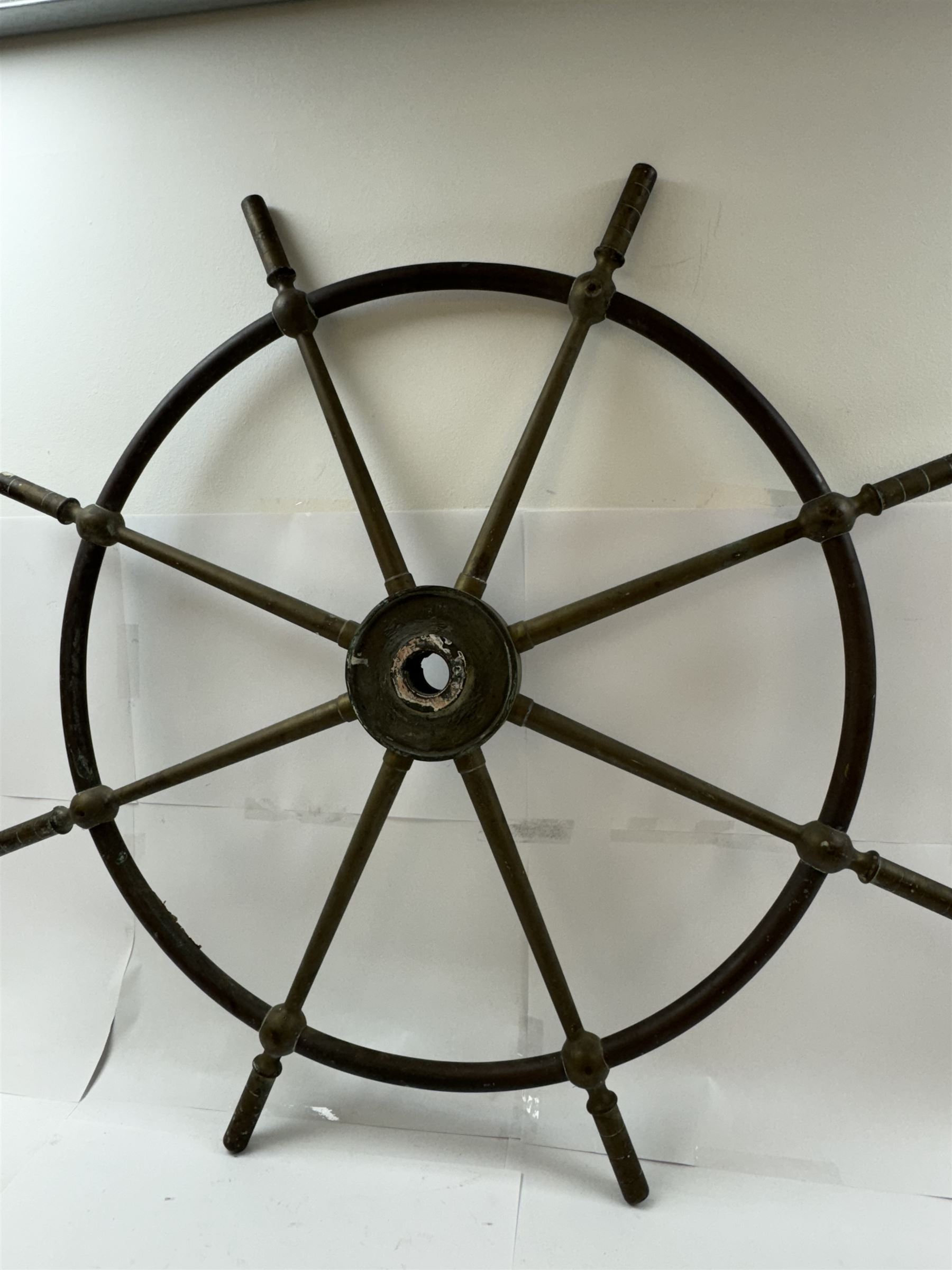 Late 19th century/early 20th century eight-spoke copper and brass ship's wheel, inscribed Brown Bros & Co Ltd, Rosebank Ironworks, Edinburgh to the hub, D91cm