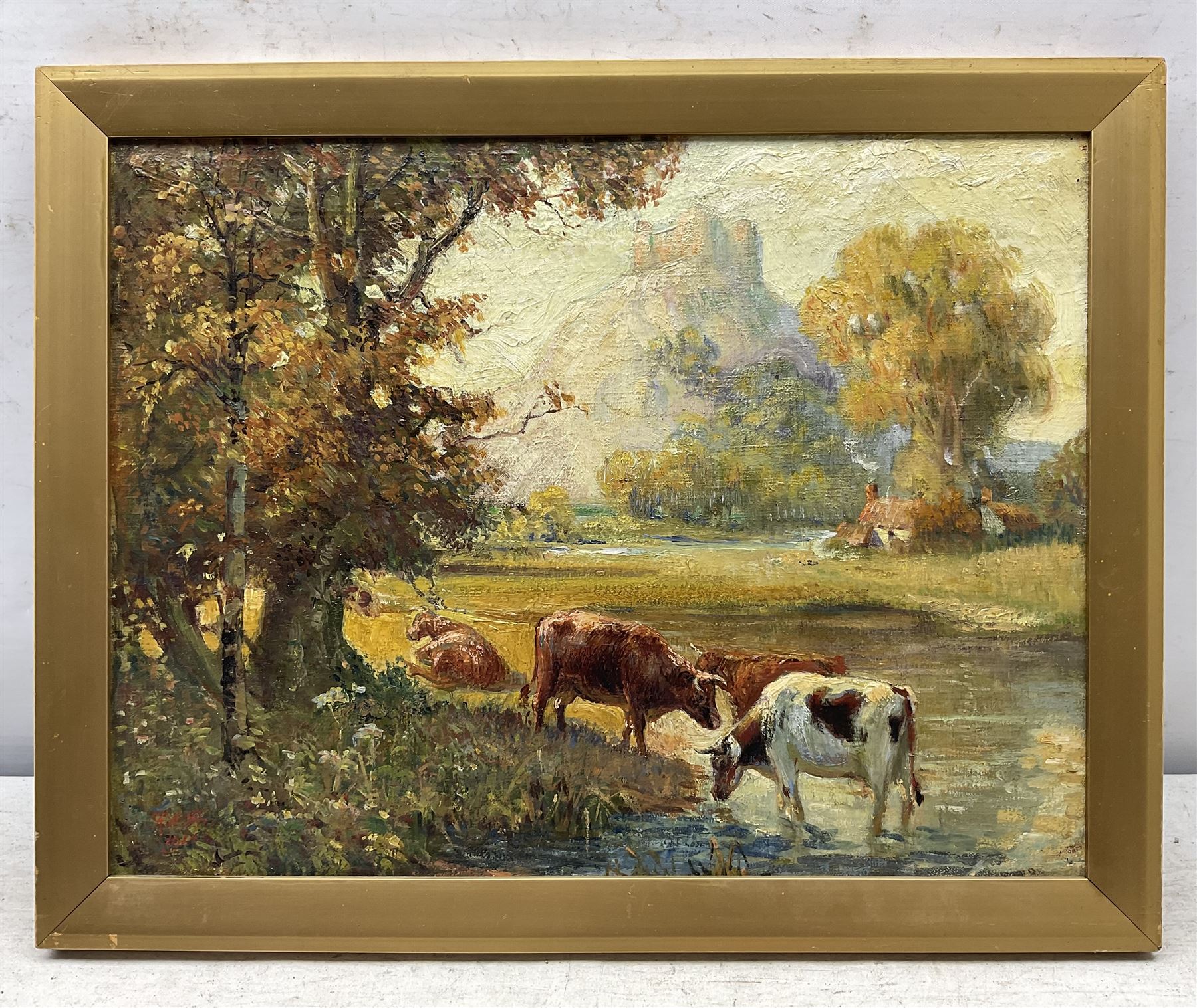 R A R* (19th/20th century): Hilltop Castle with Cattle Watering in the Foreground, oil on canvas laid on board initialled and dated 1910, 32cm x 42cm