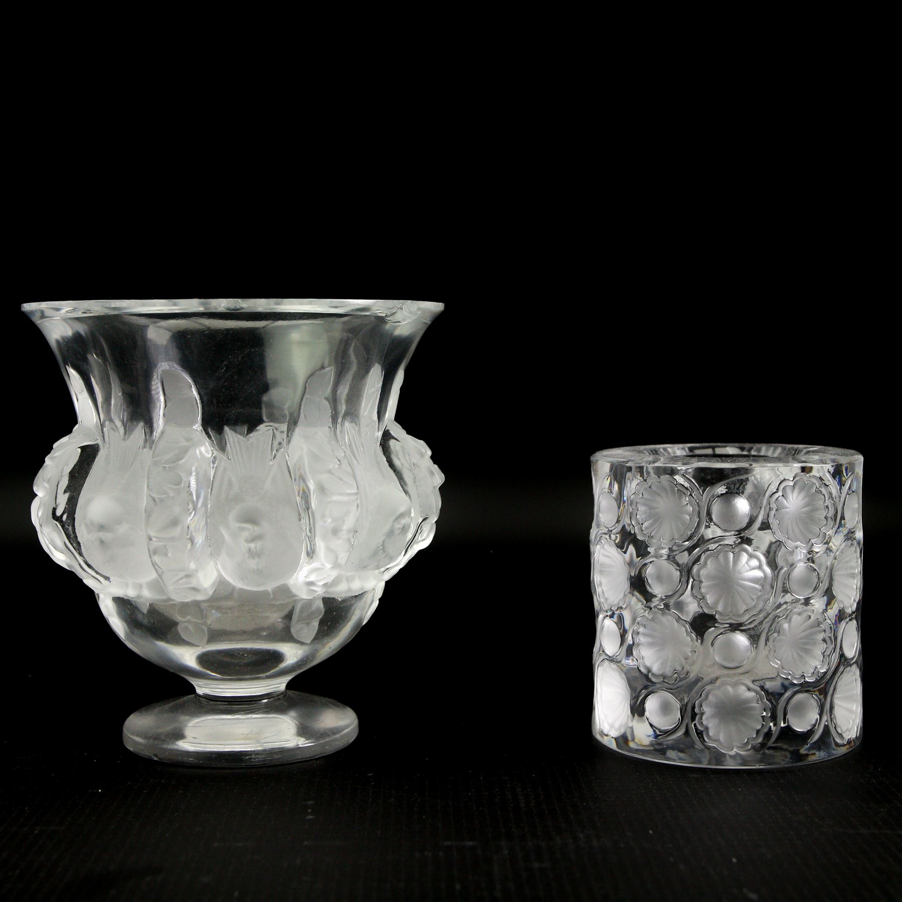 Lalique crystal Dampierre bird vase of campagna form on raised circular base, H12cm, together with a Lalique crystal Tokyo candle holder, H8cm both signed Lalique, France (2)