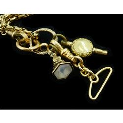 Victorian 9ct gold muff / cable link chain necklace, with gold-plated watch winder and fob and two later 14ct gold clips