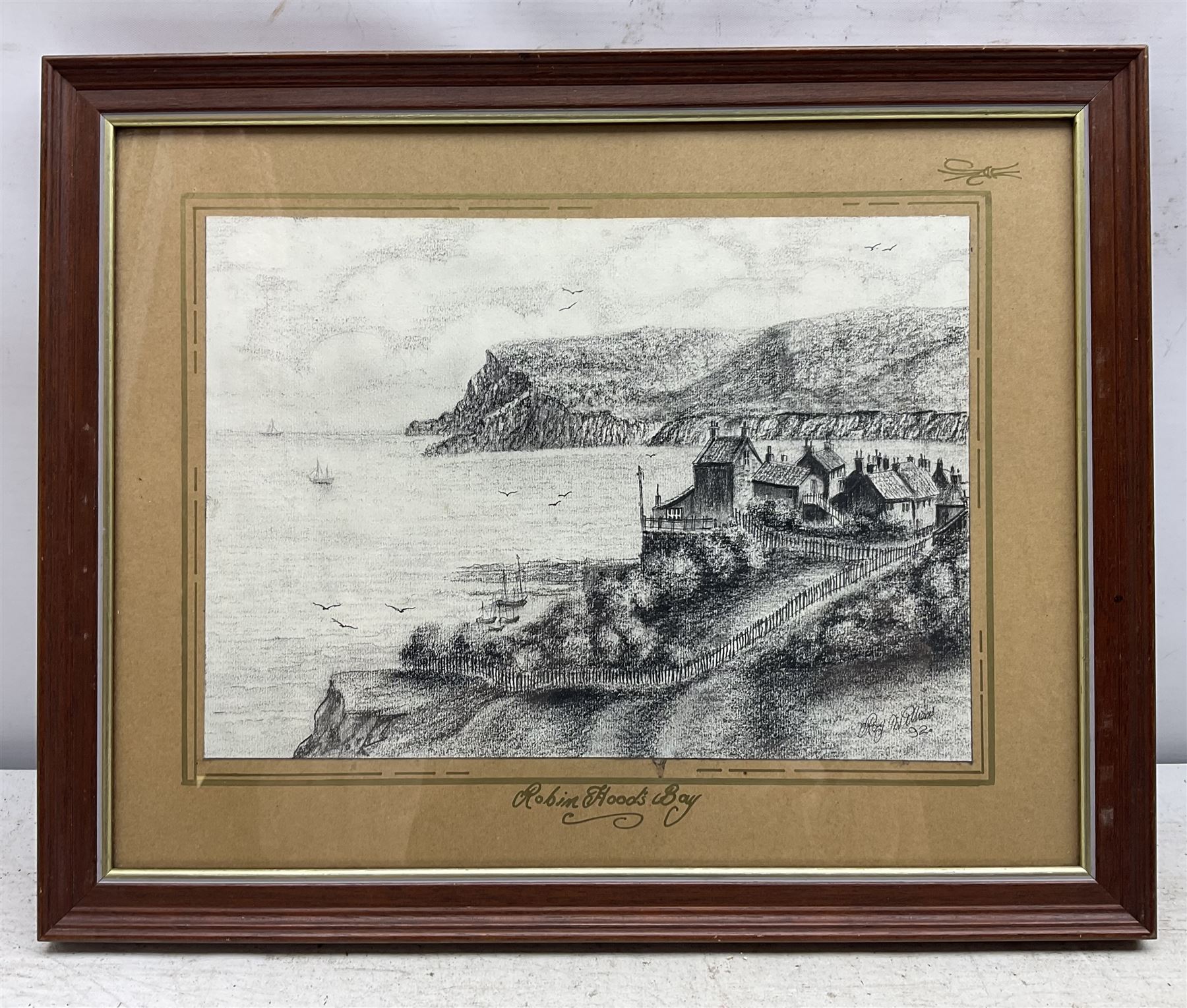 F Preston (British 20th Century): 'Staithes - The Beck', watercolour signed, titled and dated 1977 verso 17cm x 37cm; Roy Williams (British 20th Century): 'Robin Hood's Bay', charcoal signed and dated '92, 21cm x 30cm; together with a watercolour of barges signed 'Turner' (3)