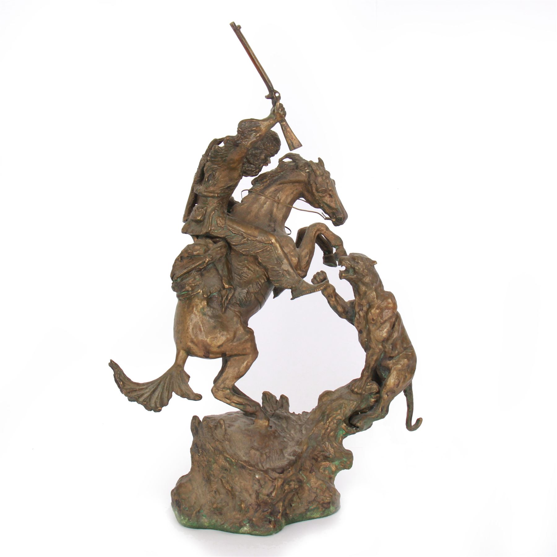 After Charles Marion Russell; Bronzed sculpture depicting man on horseback fighting a mountain lion, H42cm