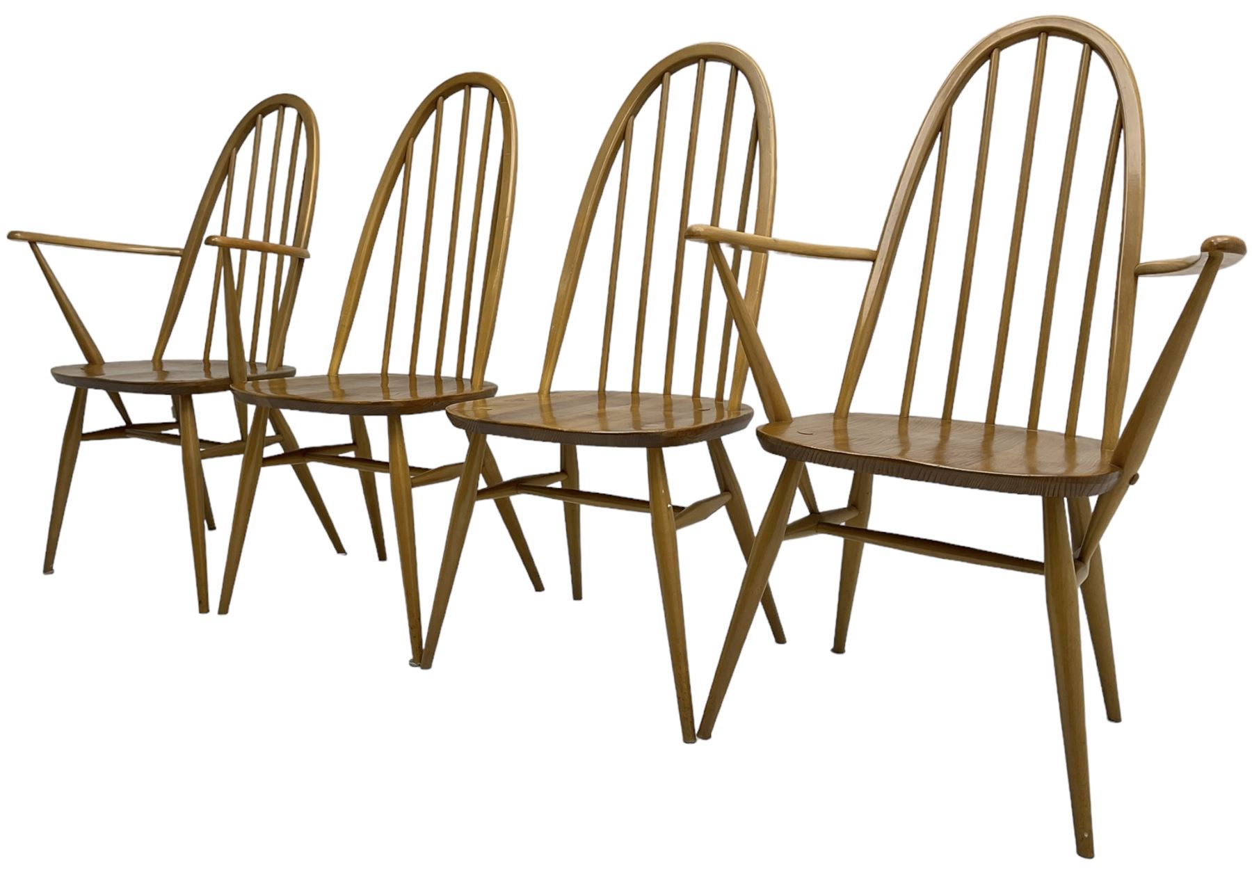 Ercol - light elm and beech set of ten (8+2) 'Quaker Windsor' dining chairs, high hoop and stick back over splayed supports united by H-stretcher, with foliate patterned crimson loose seat cushions