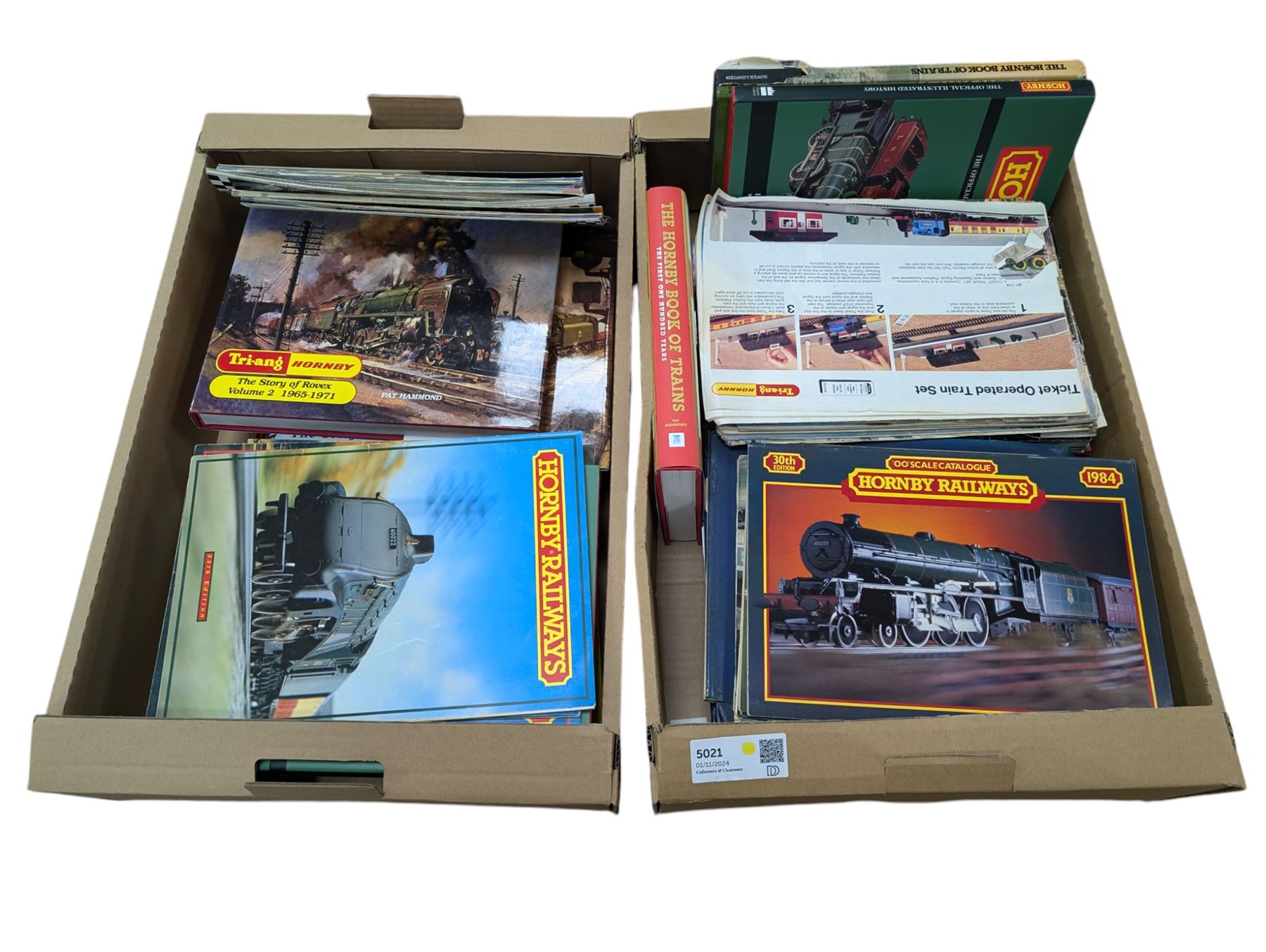 Large collection of Hornby model railway books and catalogues, including The Story of Rovex Volumes 1, 2 and 3 by Pat Hammond, Hornby Dublo Companion book, Hornby Book of Trains first 100 years by Pat Hammond, etc 