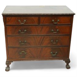 Georgian design mahogany chest, rectangular top with floral and ribbon-twist moulded edge, fitted with two short over three long graduating cock-beaded drawers, on acanthus carved cabriole supports with ball and claw feet