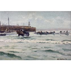 Charles Redford Merrison (British 1879-1964): 'Unloading the Catch - St Ives', oil on board signed and dated '21, 17cm x 24cm