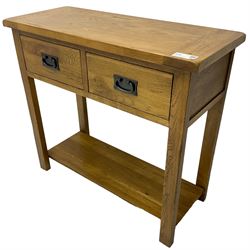 Light oak console table, rectangular top over two drawers, on rectangular supports united by under-tier