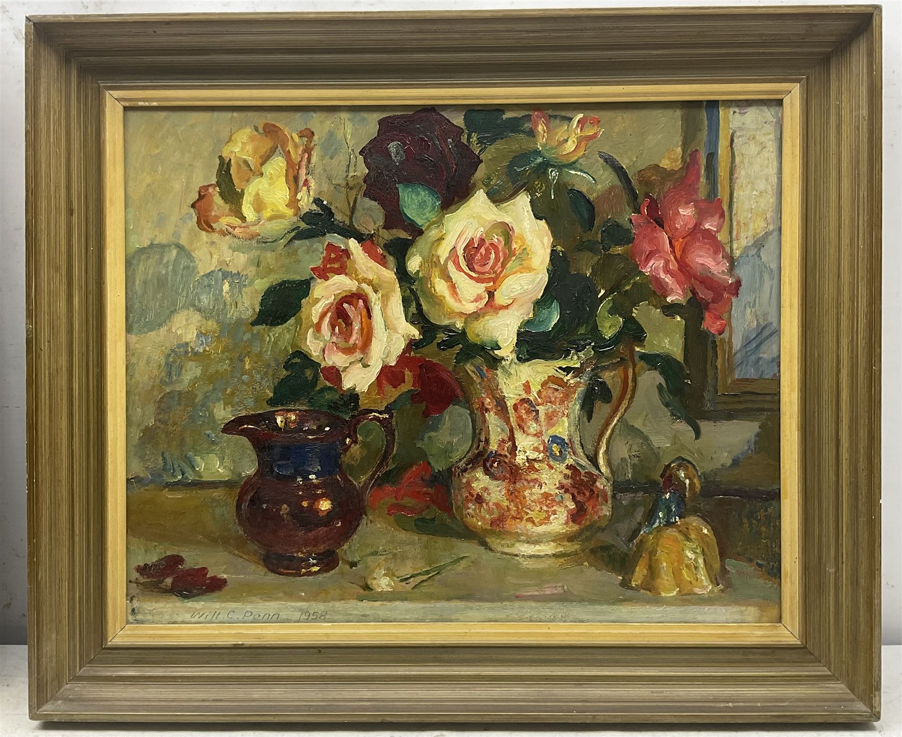 William Charles Penn (British 1877-1968): 'Roses', oil on board signed and dated 1958, titled on label verso 40cm x 50cm