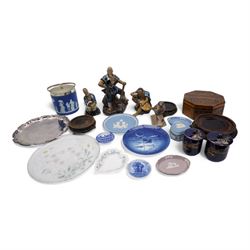 Wedgwood blue jasper biscuit barrel with plated mounts, three modern Chinese figure ornaments, three Chinese vase stands, Poole pottery bird and other items