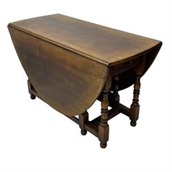 18th century oak dining table, oval drop-leaf top on gate-leg action base, turned supports united by turned stretchers, fitted with single end drawer