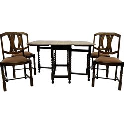 20th century oak barley twist drop-leaf dining table; set of four oak dining chairs