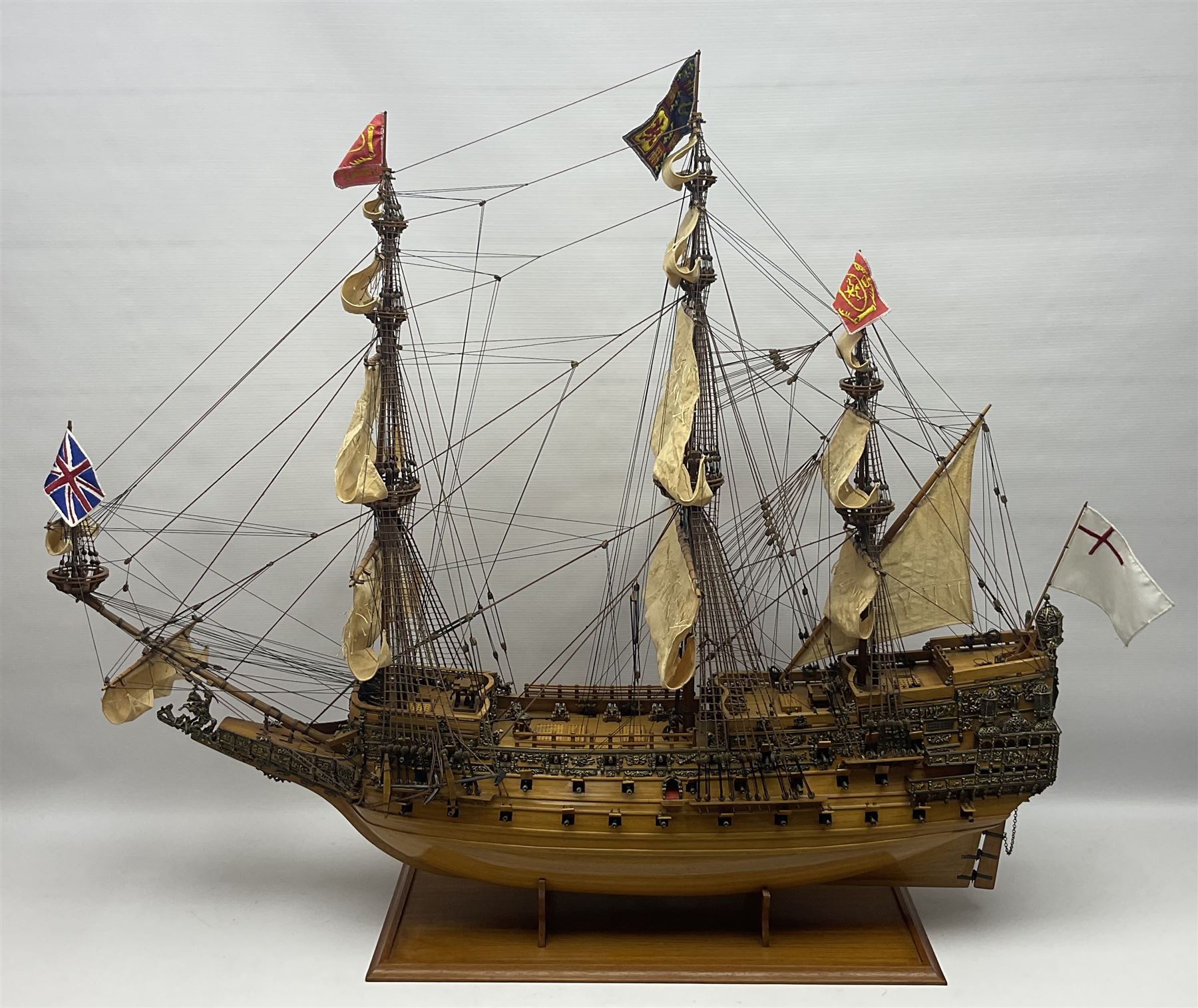 Large kit built scale model of 17th century Royal Navy warship 'HMS Sovereign of the Seas', upon wooden stand with engraved name plaque, H91cm, W111cm