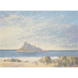 William Burns (Northern British 1923-2010): 'St Michaels Mount - Cornwall', oil on board signed, titled verso 30cm x 41cm (unframed) Provenance: Direct from the family of the artist. 
Notes: Born in Sheffield in 1923, William Burns RIBA FSAI FRSA studied at the Sheffield College of Art before the outbreak of the Second World War, during which he helped illustrate the official War Diaries for the North Africa Campaign, and was elected a member of the Armed Forces Art Society. On his return, he studied architecture at Sheffield University and later ran his own successful practice, being a member of the Royal Institute of British Architects. However, painting had always been his self-confessed 'first love', and in the 1970s he gave up architecture to become a full-time artist, having his first one-man exhibition in 1979.