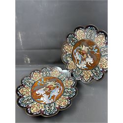 Pair of cloisonné scalloped rim chargers, the central panel decorated with a ho-ho bird, D31cm
