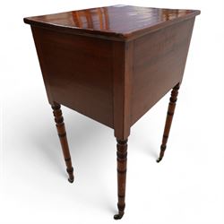 George III mahogany work table, rectangular hinged top enclosing upholstered interior, fitted with single drawer, the front inlaid with geometric stringing, on ring turned supports with brass cups and castors  