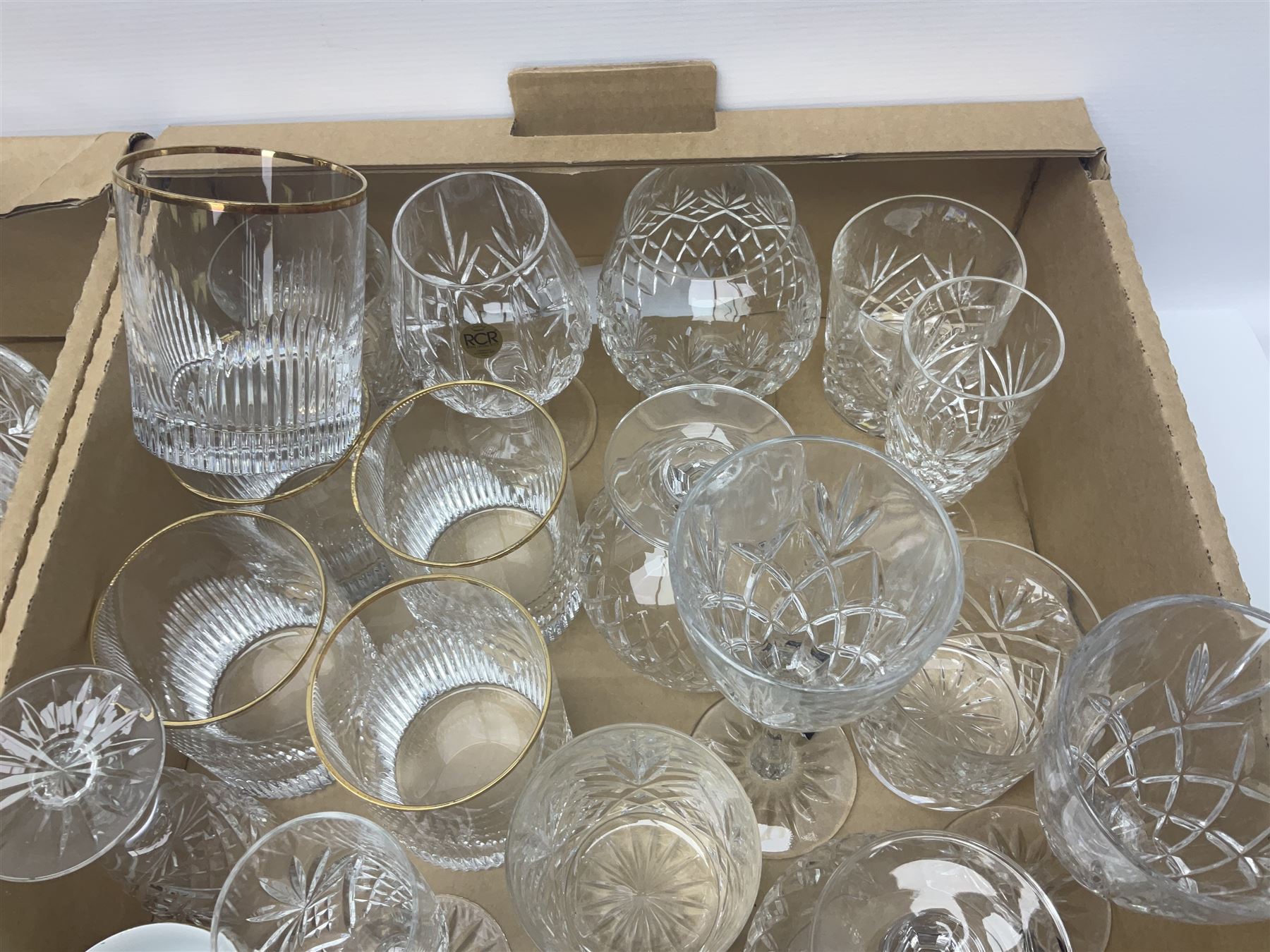 Large collection of crystal glassware, together with glass decanters, bowls, covered bon bon dish etc, in two boxes 