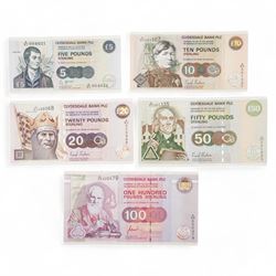 Clydesdale Bank set of five 'Genuine Collectors Sterling Banknotes' comprising one-hundred pounds 'A/AQ 2nd October 1996', fifty pounds 'A/CC 9th January 2006', twenty pounds 'A/EJ 24th June 2006', ten pounds 'A/EH 16th April 2007' and five pounds 'E/EC 19th June 2002', housed in a card folder