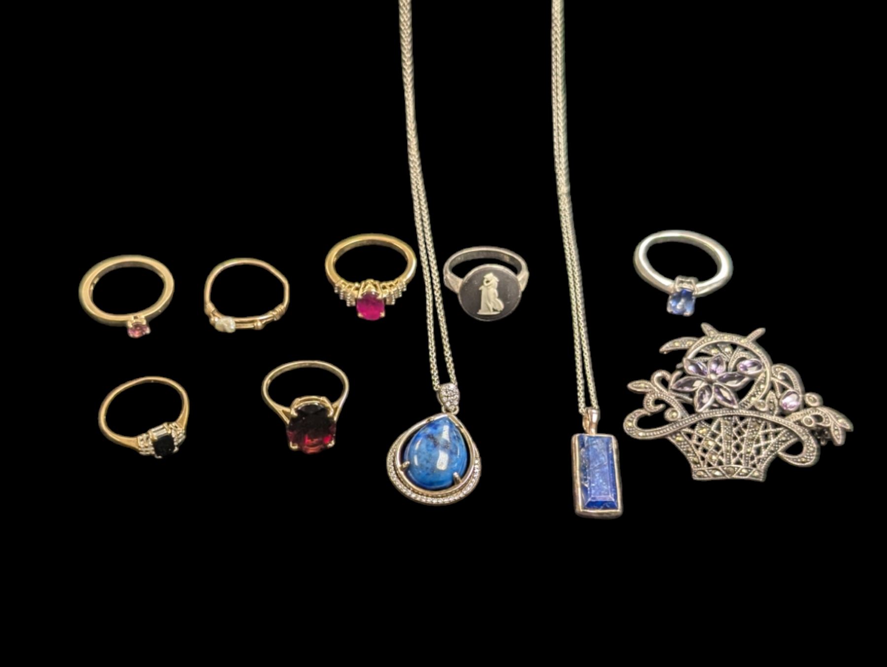 Two gold stone set rings, including 14ct garnet example and a  9ct gold stone set example and silver jewellery including rings, pendants, brooches, etc 