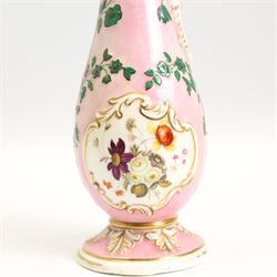 19th century porcelain scent or essence bottle, possibly by Henry & Richard Daniel, of baluster form, relief moulded with leaves and flowers and painted with panels of flowers,  with associated conical form stopper, H30.5cm together with a 19th century French scent bottle and stopper (2)