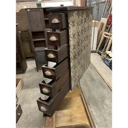 Early 20th stained pine and glazed wall mounting cigarette shop display cabinet, fitted with six sliding drawers with divisions and scalloped handles  - THIS LOT IS TO BE COLLECTED BY APPOINTMENT FROM THE OLD BUFFER DEPOT, MELBOURNE PLACE, SOWERBY, THIRSK, YO7 1QY