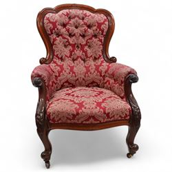 Victorian mahogany framed drawing room armchair, shaped and moulded cresting rail terminat...