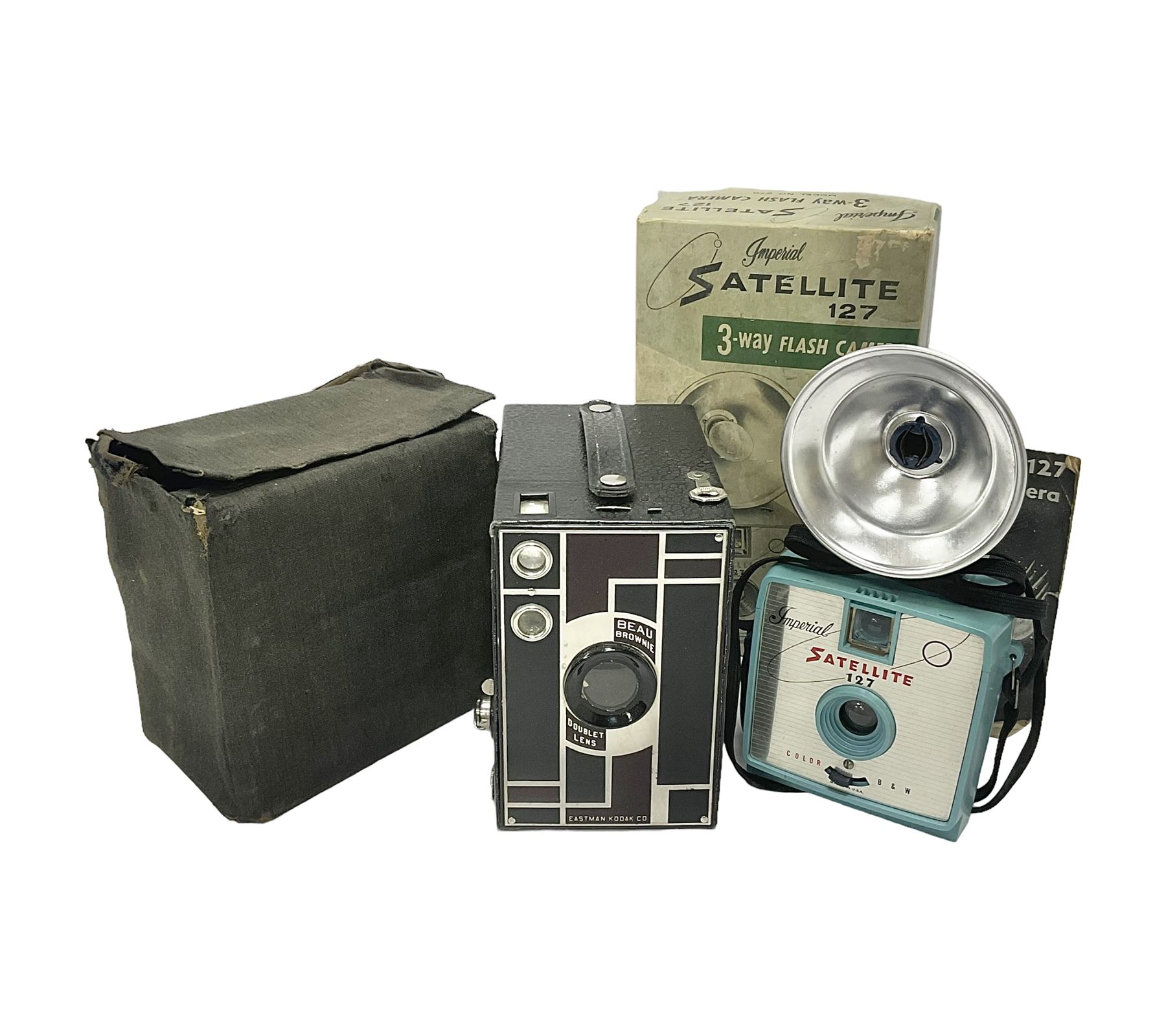 Eastman Kodak Beau Brownie Doublet Lens camera, in brown colourway, in canvas cary case, together with a Imperial Satellite 127 3-Way Flash Camera, model no 270, in original box