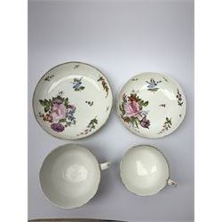 Oversized early 19th century Derby breakfast cup and saucer, circa 1806-1825, together with a further smaller example, each with osier moulded band to the rim and hand painted with floral sprays and sprigs, each with painted mark beneath, large cup D11, large saucer D16.5cm, smaller cup D9cm, smaller saucer D14cm