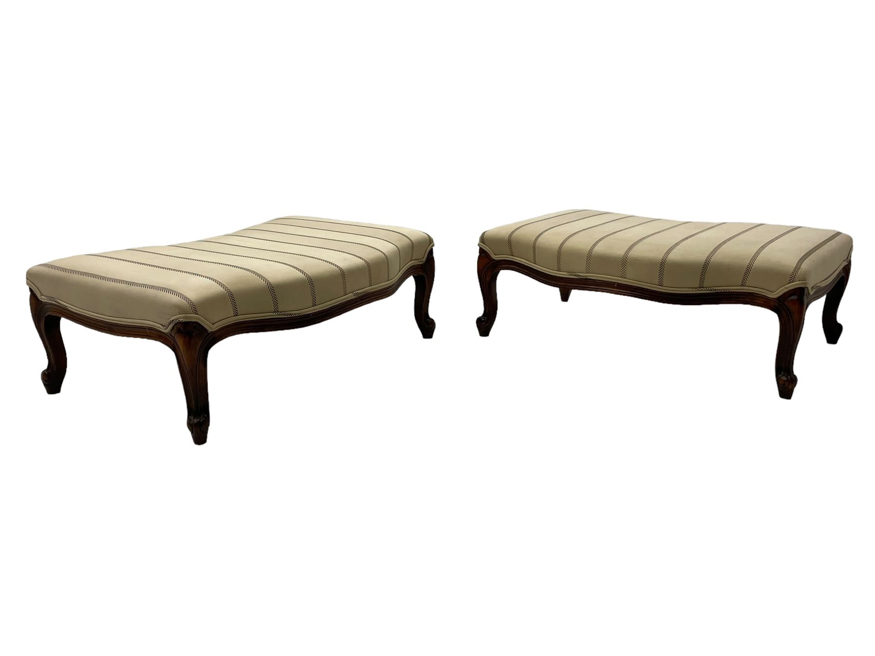 Pair of French design stained beech footstools, shaped form upholstered in pale fabric with herringbone stripe, on cabriole feet with scroll carved terminals 