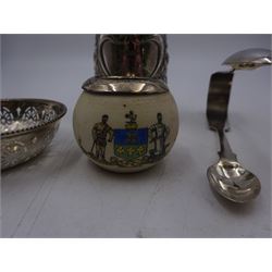 Group of silver, comprising Edwardian christening mug, of slightly tapering form, embossed with floral decoration and engraved initials and date, hallmarked Cooper Brothers & Sons Ltd, Sheffield 1906, a crested ware jar with silver collar, pierced pin dish and a pair of sugar tongs, all hallmarked 