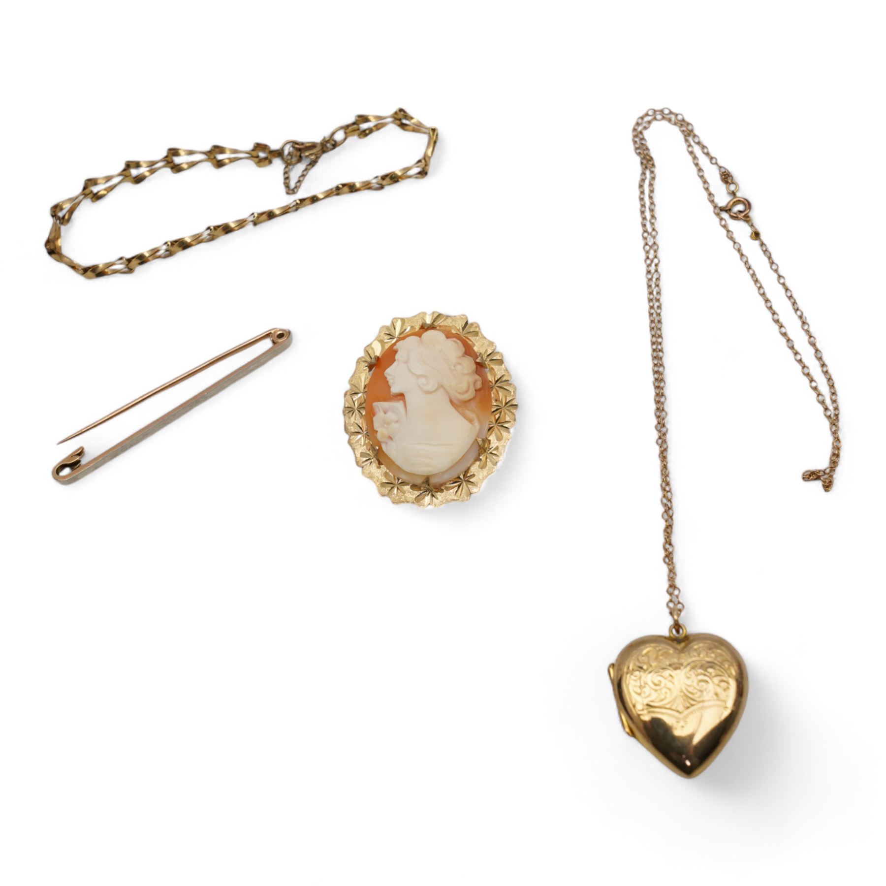 Gold cameo brooch, gate bracelet and chain, all 9ct, 15ct gold and platinum bar brooch and a gold-plated heart locket pendant